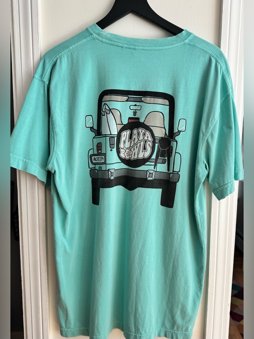 Men’s Playa Bowls Off Road Jeep Surf Pocket Tee Shirt Aqua Blue, Size Large